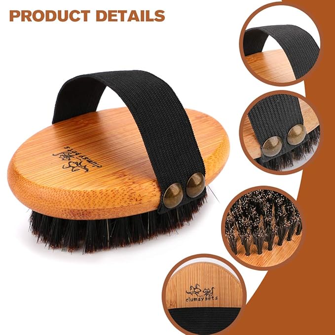 Bamboo Grooming Palm-Held Pets Brush with Boar Bristles & Elastic Band for Dog Cat Shower Bath and Massage