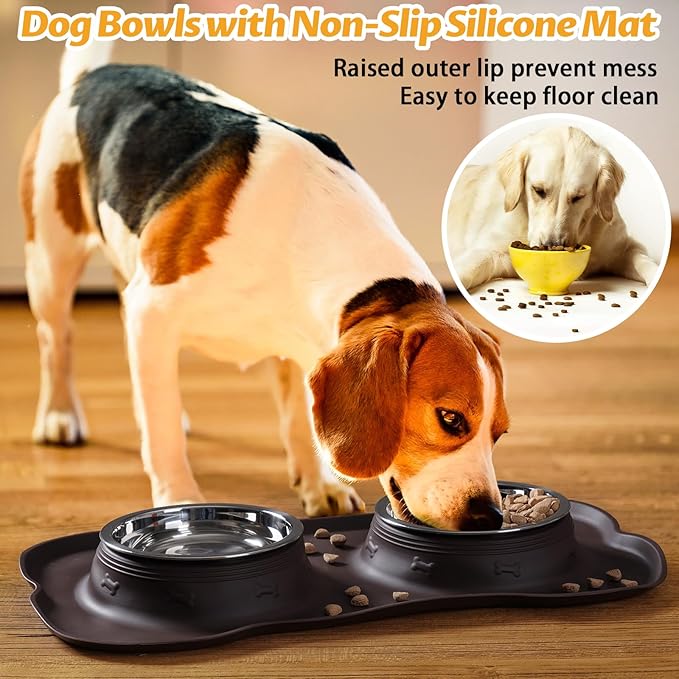 Hubulk Pet Dog Bowls 2 Stainless Steel Dog Bowl with No Spill Non-Skid Silicone Mat + Pet Food Scoop Water and Food Feeder Bowls for Feeding Small Medium Large Dogs Cats Puppies (Medium, Chocolate)