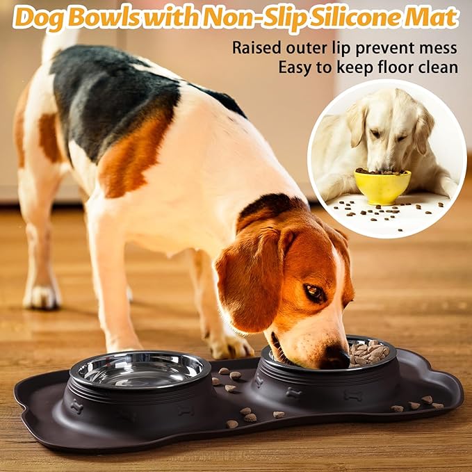 Hubulk Pet Dog Bowls 2 Stainless Steel Dog Bowl with No Spill Non-Skid Silicone Mat + Pet Food Scoop Water and Food Feeder Bowls for Feeding Small Medium Large Dogs Cats Puppies (X- Large, Chocolate)
