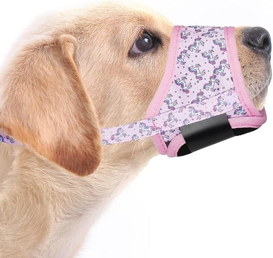 LUCKYPAW Dog Muzzle, Soft Dog Muzzles for Small Medium Large Dogs, Breathable Muzzles to Stop Biting and Chewing with Pattern, Allows Panting and Drinking (L-(Snout 7"-9½"), Pink Unicone)
