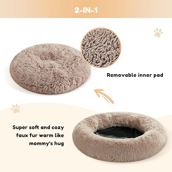 Calming Dog Bed & Cat Bed, Anti-Anxiety Donut Dog Cuddler Bed, Warming Cozy Soft Dog Round Bed, Fluffy Faux Fur Plush Dog Cat Cushion Bed for Small Medium Dogs and Cats (20"/24"/27"/30")