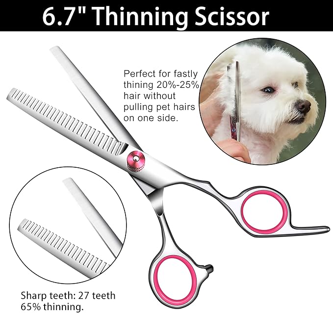 Dog Grooming Scissors with Safety Round Tip Pet Grooming scissors Kit Dog Shears kit Incudes Thinning Curved Straight Grooming Scissors Nail Clippers Nail File and Comb for dogs cats