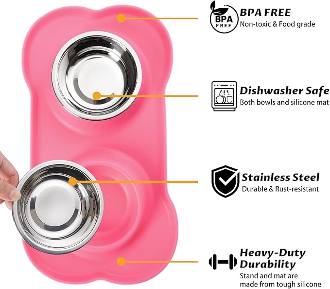 Hubulk Pet Dog Bowls 2 Stainless Steel Dog Bowl with No Spill Non-Skid Silicone Mat + Pet Food Scoop Water and Food Feeder Bowls for Feeding Small Medium Large Dogs Cats Puppies (Large, Pink)