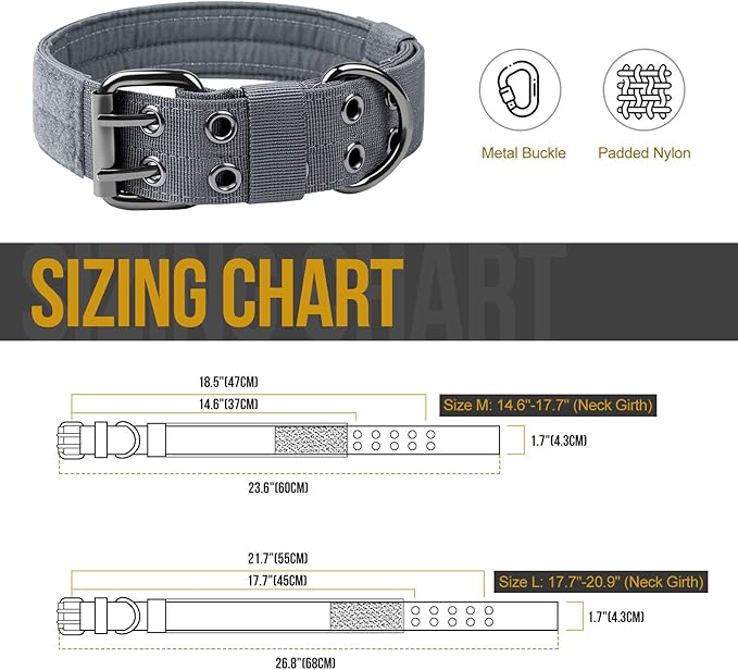 OneTigris Military Adjustable Dog Collar with Metal D Ring & Buckle 2 Sizes (M, Grey)
