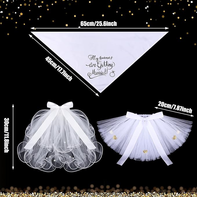 JaGely 3 Packs Dog Bride Costume, Veil with Clip, Dog Bandana and Skirt, Soft Comfortable Pet Wedding Party Dress Bride Apparel for Medium Pet