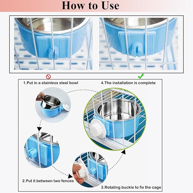 2 Pieces Crate Dog Bowl, Removable Stainless Steel Pet Kennel Hanging Food Water Feeder Bowl Cage Coop Cup for Puppy Medium Dog Cat Rabbit Ferret Bird (Blue,Red)