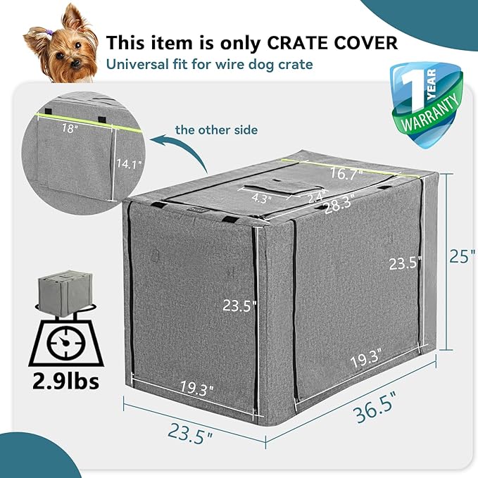 PETSFIT Dog Kennel Cover,36 Inch Crate Cover for Wire Dog Crate， Double Doors, Mesh Window, Flap On The Top and Back is Detachable, Dog Crate Cover Grey