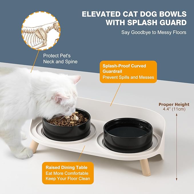 Elevated Ceramic Cat Bowl Set - Raised Double Dishes for Food & Water - Non-Slip Stand & Splash Proof - for Cats & Puppies - 2 x 480 ML - 16.2 OZ