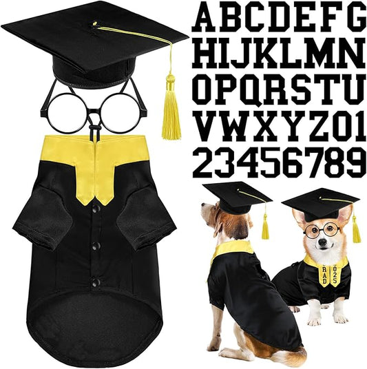 5 Pcs Dog Graduation Costume Set Include 2025 Pet Graduation Gown with Stole Puppy Grad Cap Lensless Glasses DIY Letter Stickers for Dogs Cats Holiday Costume Accessory(Black Yellow,L)