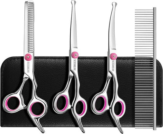 Dog Grooming Scissors With Safety Round Tips 5 in 1 - 4CR Stainless Steel Professional Pet Shears for Dogs and Cats, Pink