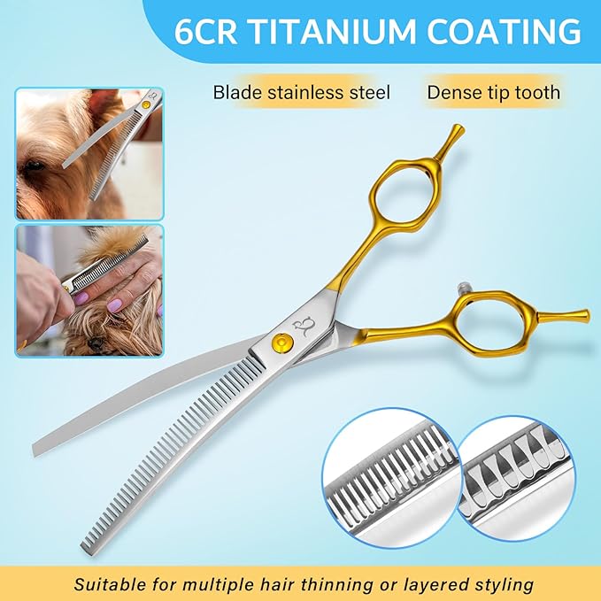 Dog Grooming Scissors,Curved Thinning Shears Dog Grooming with Safety Round Tips, Sharp and Comfortable 4 in 1 Dog Scissors for Grooming