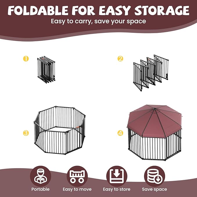 Outdoor Dog Kennel with Roof, Outdoor Dog Playpen with Metal Gate,Portable Easy Setup, Octagon Dog Pen with Lock for Outdoor Backyard (4.9x4.9x3.6FT)