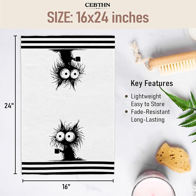Funny Coffee Black Cat Kitchen Towels, Cat Lover Mom Lady Gifts for Women Dish Towels for Kitchen Drying, Quirky Kitten Kitty Hand Towels for Bathroom, 16x24 Inch