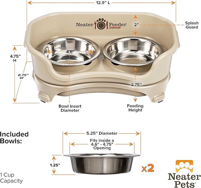 Neater Feeder Express Mess Proof Cat Bowls Elevated, No Spill Cat Feeding Station, Stainless Steel Cat Dishes for Food and Water, Raised Cat Bowls for Indoor Cats, Whisker Friendly Bowls, Almond