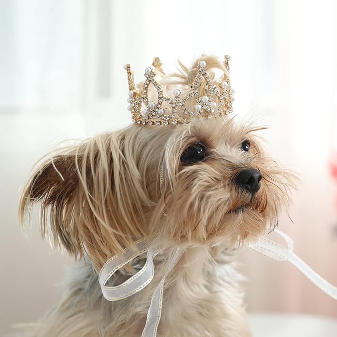 Lovelyshop Pet Series Gold Plated Royal Rhinestone Pearl Full Round Dog/Cat Crown for Rolyal Family Costume Hair Accessories-XSmall Size