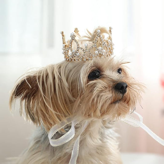 Lovelyshop Pet Series Gold Plated Royal Rhinestone Pearl Full Round Dog/Cat Crown for Rolyal Family Costume Hair Accessories-XSmall Size
