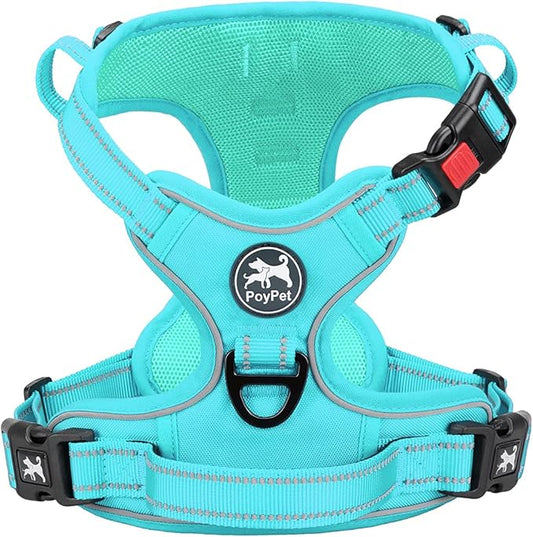 PoyPet No Pull Dog Harness, No Choke Reflective Dog Vest, Adjustable Pet Harnesses with Easy Control Padded Handle for Small Medium Large Dogs(Mint Blue Matching Trim,S)