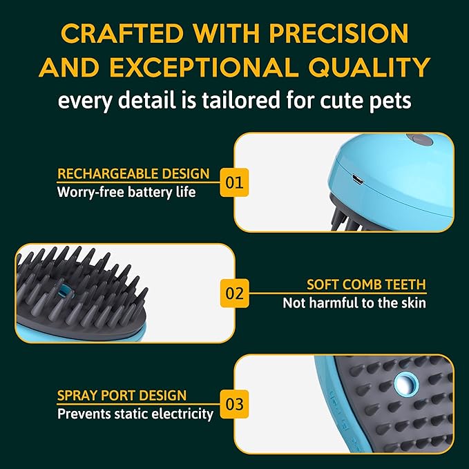 Cat Steam Brush for Shedding Pets 3 in 1 Function, Spritz Defur Comb for Kittens, Steamy Hair Rake for Long-Haired Dogs, Steamer Brush for Massage, Grooming and Removing Loose Hair
