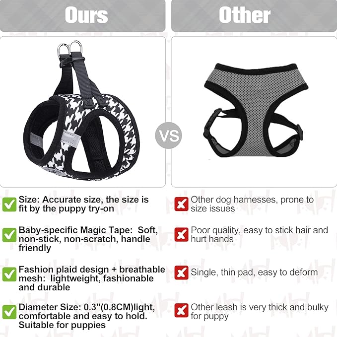 BEAUTYZOO Small Dog Harness and Leash Set,Step in No Chock No Pull Soft Mesh Dog Harnesses Reflective for Extra-Small/Small Medium Puppy Dogs and Cats, Plaid Dog Vest Harness for XS S Pets, Black S