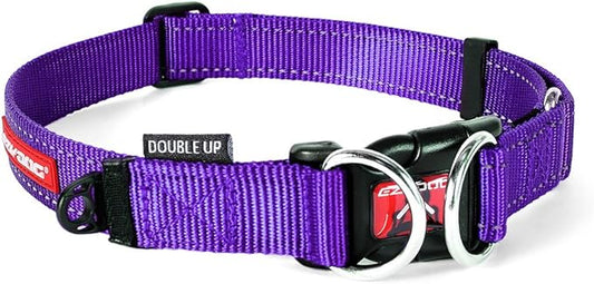 EzyDog Double Up Premium Nylon Dog Collar with Reflective Stitching - Double D-Rings for Superior Strength, Safety, and Comfortability - Non-Rusting and Includes an ID Attachment (X-Large, Purple)