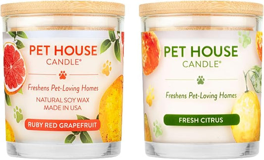 One Fur All Pet House Candle 2 Pack - Plant-Based/Soy - Clean Burning, Long Lasting Pet Odor Candle - Ruby Red Grapefruit, Fresh Citrus
