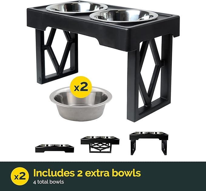 Pet Zone Designer Diner Bundle Adjustable Elevated Dog Bowls for Large Dogs, Medium and Small - Raised Dog Bowl Stand, Bowls for Food and Water Stainless Steel, 3 Heights, 2.75, 8", & 12''