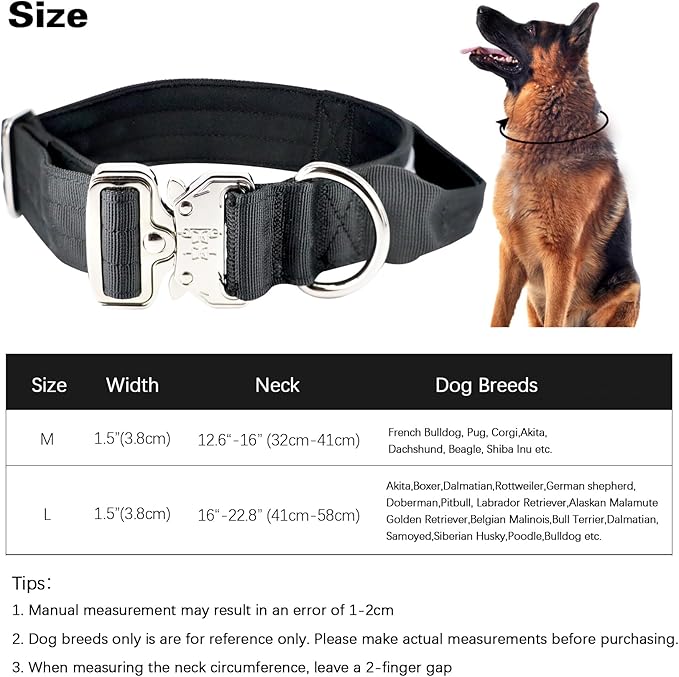 Tactical Military Dog Collar, Strong Heavy Duty Dog Collar, Wide Thick Dog Collar with Handle, Soft Neoprene Padded Collar with Quick Release Metal Buckle for Medium Large Dogs (Black, M)