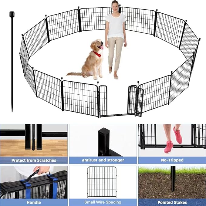 ADAVIN Tall Garden Fence 54 in(H)×22.1 Ft(L),10 Panels Dog Fence Outdoor for Yard, Heavy Duty Iron Metal Fence with Gate Low Threshold, No Dig Fence Panels, Animal Barrier Fence, Black