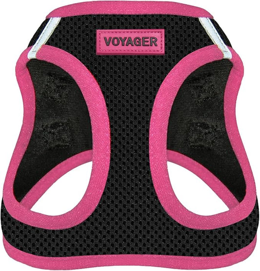 Voyager Step-in Air Dog Harness - All Weather Mesh, Reflective, No Pull Harness for Small, Medium Dogs, Cats - Secure with Hook & Loop Fastener, Buckle, Double D-Rings - Black/Pink Trim, S