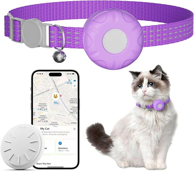 Cat Tracker Collar,No Monthly Fee Tracking Pet Collar with Finder Tag,Compatible with Apple Find My(iOS Only),Breakaway Tractive Design with Reflective Pattern & Bell,Purple