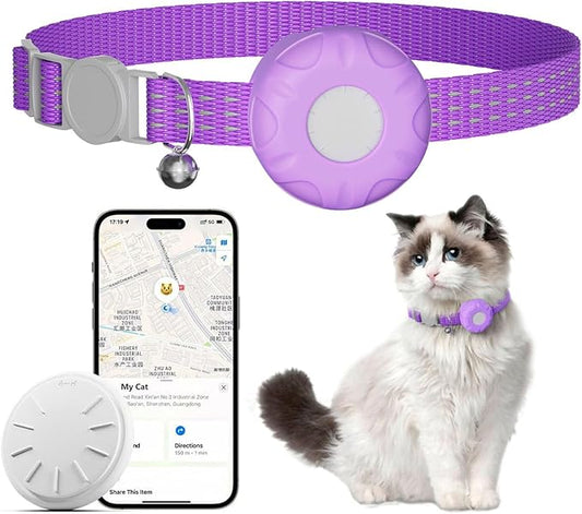 Cat Tracker Collar,No Monthly Fee Tracking Pet Collar with Finder Tag,Compatible with Apple Find My(iOS Only),Breakaway Tractive Design with Reflective Pattern & Bell,Purple