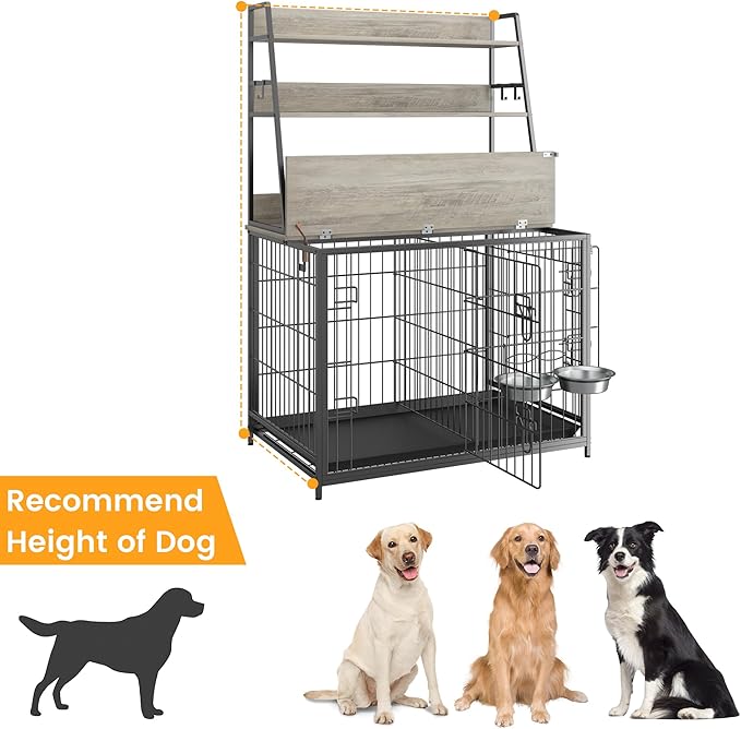 GAOMON Modern Dog Crate with Storage Shelves, Wooden Kennel with Removable Tray, Double Doors, Indoor Dog House with Two Adjustable Bowls, End Table Design, Grey