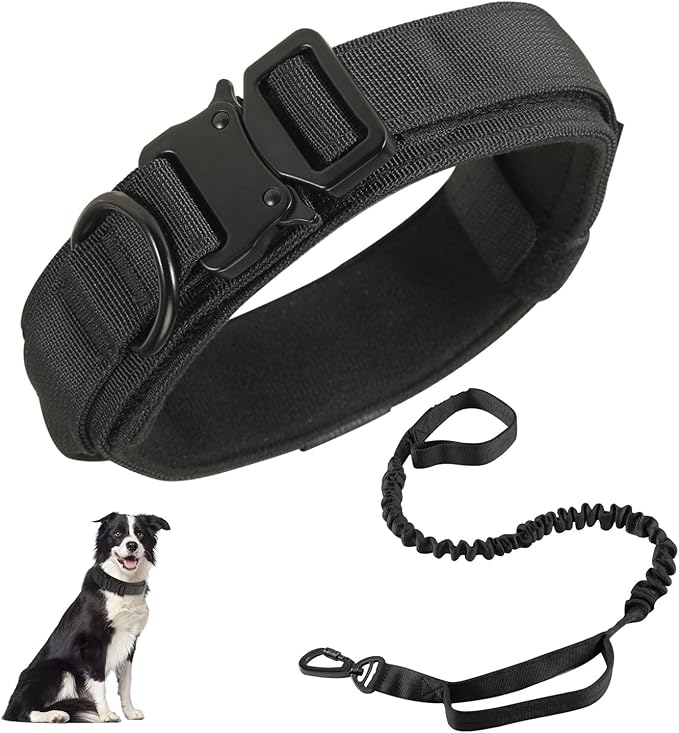 Tactical Dog Collar and Leash Set, Adjustable Military Nylon Dog Bungee Leash and Collar with Handle and Heavy Metal Buckle, Dog Training Collar Leash Set for Medium Large Dog (M, Black)