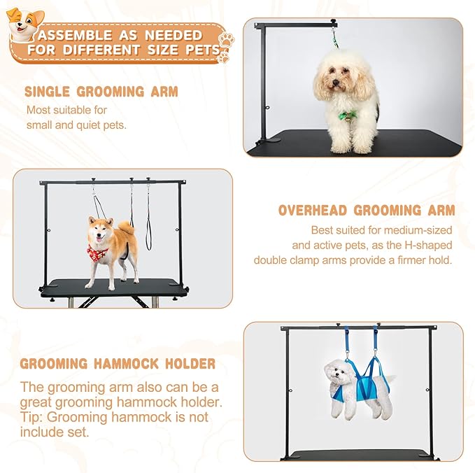 Breeze Touch Dog Grooming Table Arm - Overhead Pet Grooming Arm 39" H Adjustable, Foldable Cat and Dog Grooming Arm with Clamps Cat Grooming Loops for Small Medium Large Dog, Not Include Table