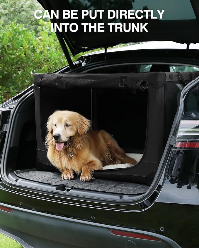 36-Inch Collapsible Travel Dog Crate, Portable 4-Door Soft Kennel for Medium to Large Dogs, Chew-Proof Mesh Windows, Indoor/Outdoor Use, Foldable, with Storage Bag (Black)