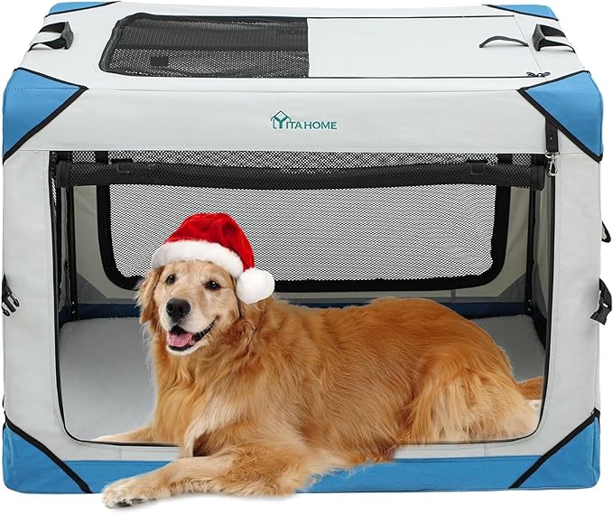 YITAHOME Collapsible Dog Crate, 4-Door Portable Travel Dog Crate, 4-Door Folding Soft Dog Kennel with Breathable Mesh Windows & Soft Mat，Indoor & Outdoor Use, 42" L x 31" W x 31" H, Flat Style