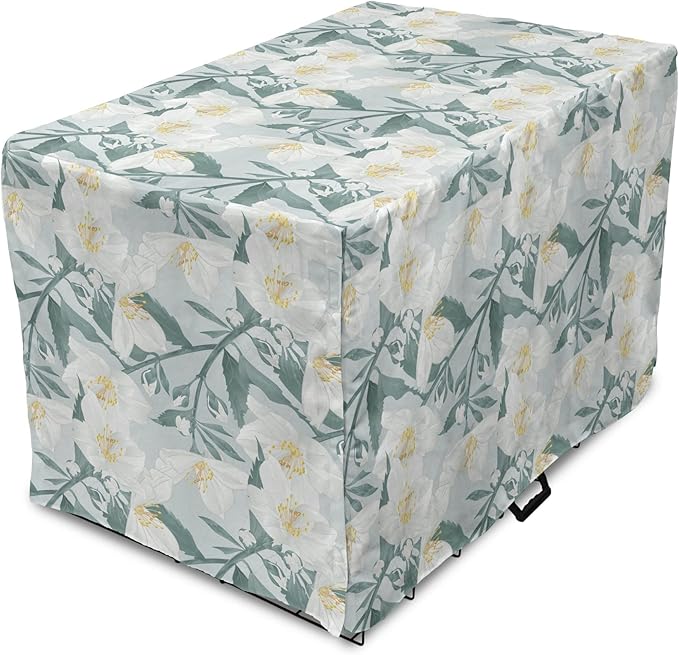 Lunarable Jasmine Dog Crate Cover, Delicate Pointy Petals Flower in Muted Tones, Easy to Use Pet Kennel Cover for Small Dogs Puppies Kittens, 22 Inch, Pale Teal Pale Blue