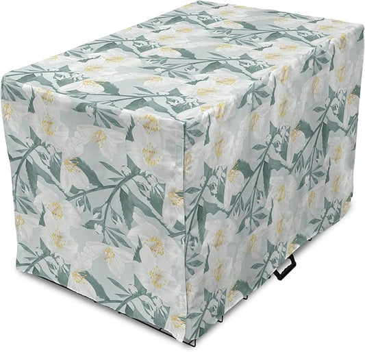 Lunarable Jasmine Dog Crate Cover, Delicate Pointy Petals Flower in Muted Tones, Easy to Use Pet Kennel Cover for Small Dogs Puppies Kittens, 22 Inch, Pale Teal Pale Blue
