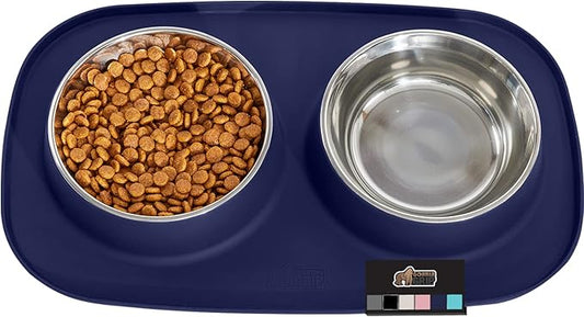 GORILLA GRIP Patent Pending 100% Waterproof BPA Free 4 Cup Cat and Dog Bowls Silicone Feeding Mat Set, Stainless Steel Bowl Slip Resistant Raised Edges, Catch Water, Food, Pet Accessories, Navy Blue