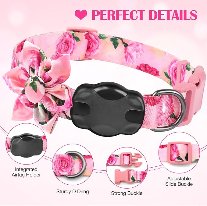 Airtag Dog Collar for Small Dogs, Rose-Pink Dog Collars Girl with AirTag Holder Waterproof Airtag Case, Including Flower Spring Dog Collar Bowtie, for All Female Dogs ﻿