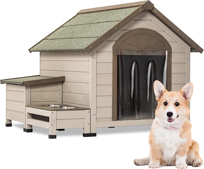 Outdoor Fir Wood Dog House,Elevated Feeding Table Dog Crate with 2 Bowls,Open Room Door Top Dog Kennel with Storage Box and Plastic Door Curtain,Rain and Wind Proof Cage,for Doggy,Pets,Cream