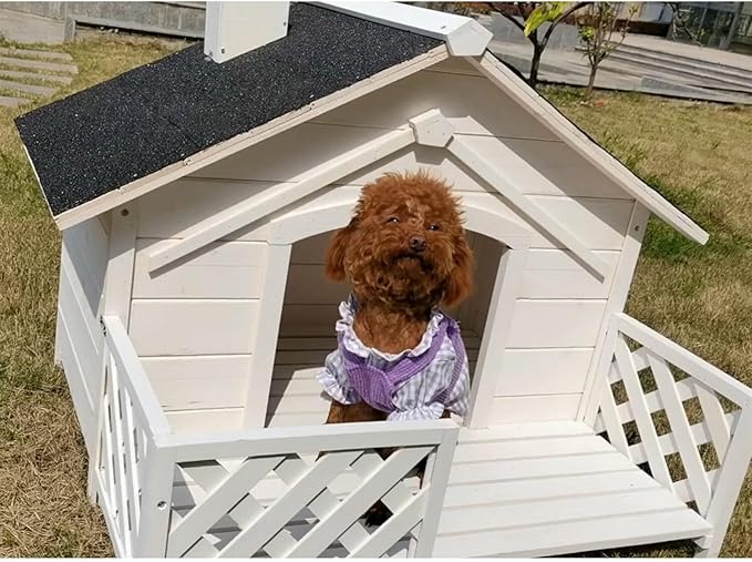 Critter Sitters 27'' Pet House with Porch, Weather-Resistant Dog House for Animals up to 44 Pounds, Waterproof Outdoor Dog House, Ideal for Cats, Dogs, and Rabbits, White Fir Wood Dog Houses