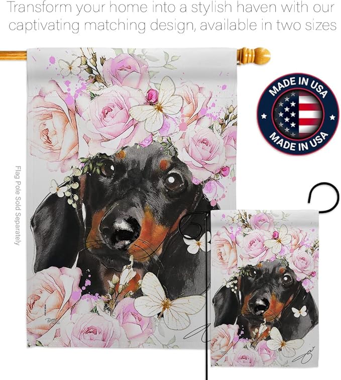 Breeze Decor Dachshund Floral House Flag Set Dog Puppy Spoiled Paw Canine Fur Pet Nature Farm Animal Creature Decoration Banner Small Garden Yard Gift Double-Sided, Made in USA