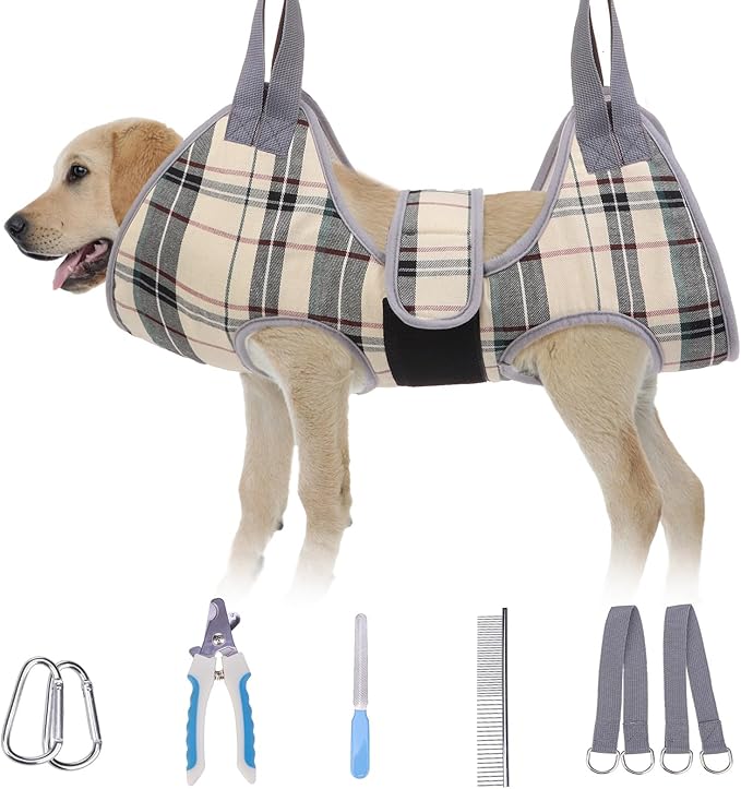 BEAUTYZOO Dog Grooming Hammock, Medium Dog Sling for Nail Trimming, Dog Hanging Harness for Claw Care with Thick Fabric Neck Support Wide Strap Restraint Cat Grooming Hammock, Beige L