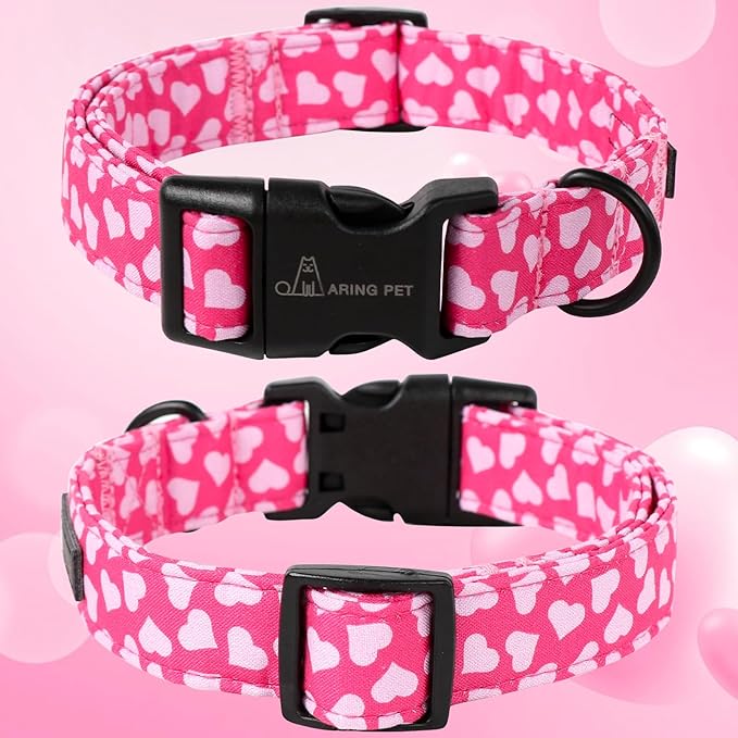 ARING PET Valentine's Day Dog Collar-Cotton Pink Heart Dog Collars, Adjustable Valentine Heart Pet Collars Puppy Collar with Quick Release Buckle for Girl&Boy Dogs