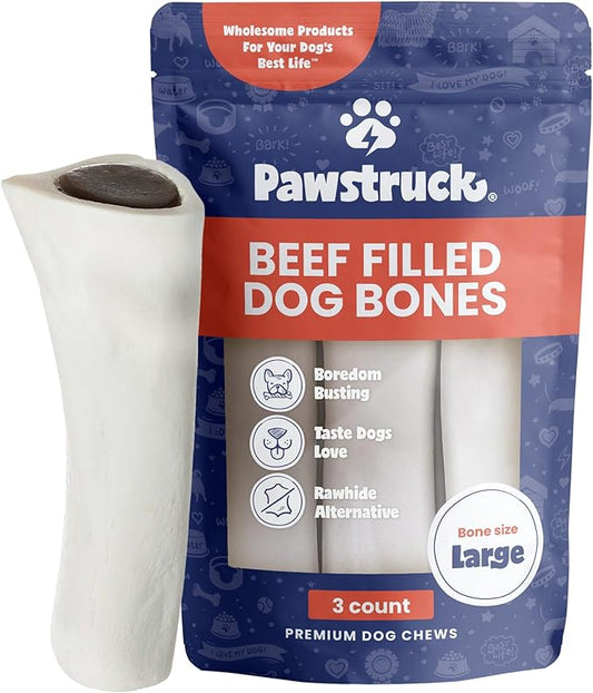 Pawstruck Large 5-6" Filled Dog Bones, Beef Flavor - Made in USA Long Lasting Stuffed Femur for Aggressive Chewers Dental Treat - Pack of 3 - Packaging May Vary