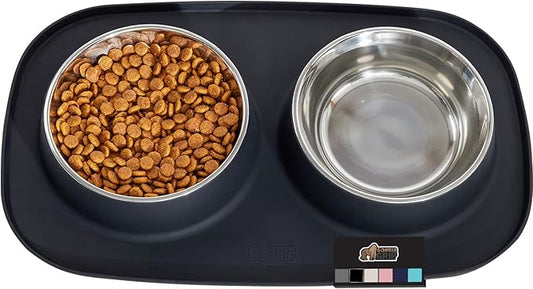 GORILLA GRIP Patent Pending 100% Waterproof BPA Free 3 Cup Cat and Dog Bowls Silicone Feeding Mat Set, Stainless Steel Bowl Slip Resistant Raised Edges, Catch Water, Food, Pet Accessories, Black
