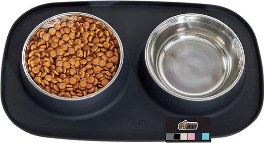 GORILLA GRIP Patent Pending 100% Waterproof BPA Free 4 Cup Cat and Dog Bowls Silicone Feeding Mat Set, Stainless Steel Bowl Slip Resistant Raised Edges, Catch Water, Food, Pet Accessories, Black