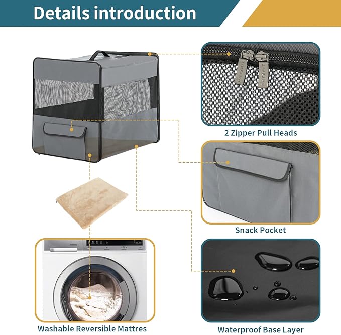 PETSFIT Portable Dog Crate, Travel Dog Crate - 24 Inch with Thicken Mat, Easy to Fold, Sturdy and Portable, Perfect for Traveling, Soft Dog Kennel Grey