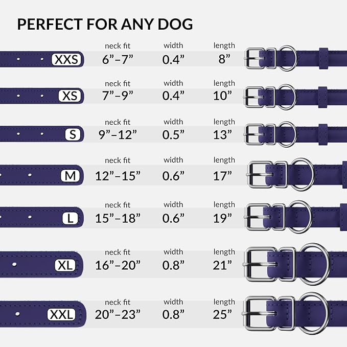 CollarDirect Rolled Leather Dog Collar, Soft Padded Round Puppy Collar, Handmade Genuine Leather Collar Dog Small Large Cat Collars 13 Colors (13-16 Inch, Purple Textured)